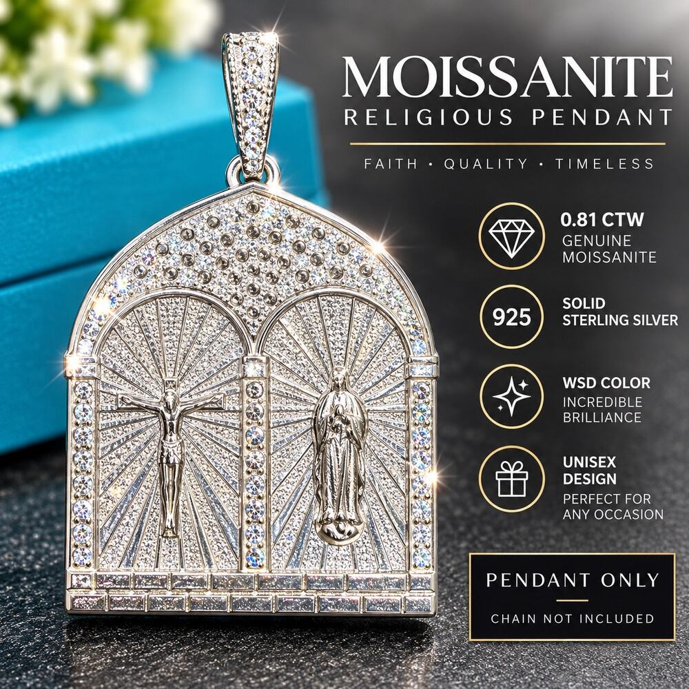 NWOT 0.81 CTW Moissanite Jesus Virgin Mary Pendant 925 Sterling Silver Religious